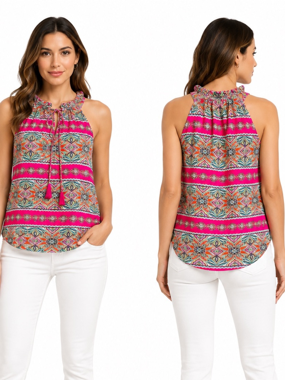 Rose + Olive Boho Floral Sleeveless Tassel Tie Halter Top Pink Multicolor